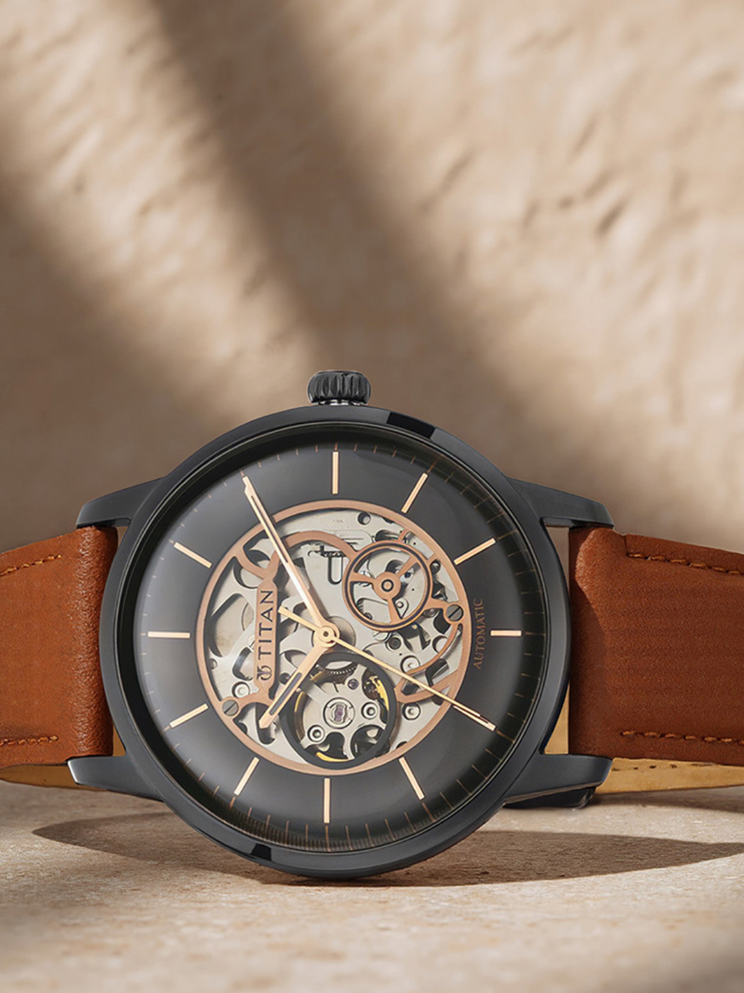 Titan Men Skeleton Leather Analogue Automatic Watch 90110NL01-Black