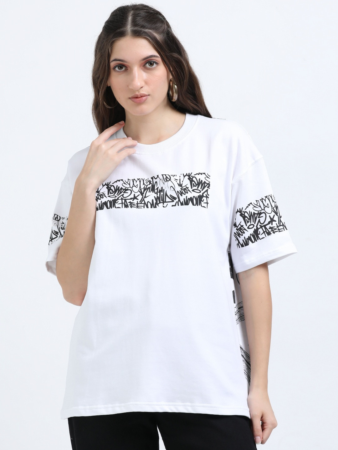 RHINO CULT Abstract Printed Drop-Shoulder Sleeves Cotton Oversized T-shirt