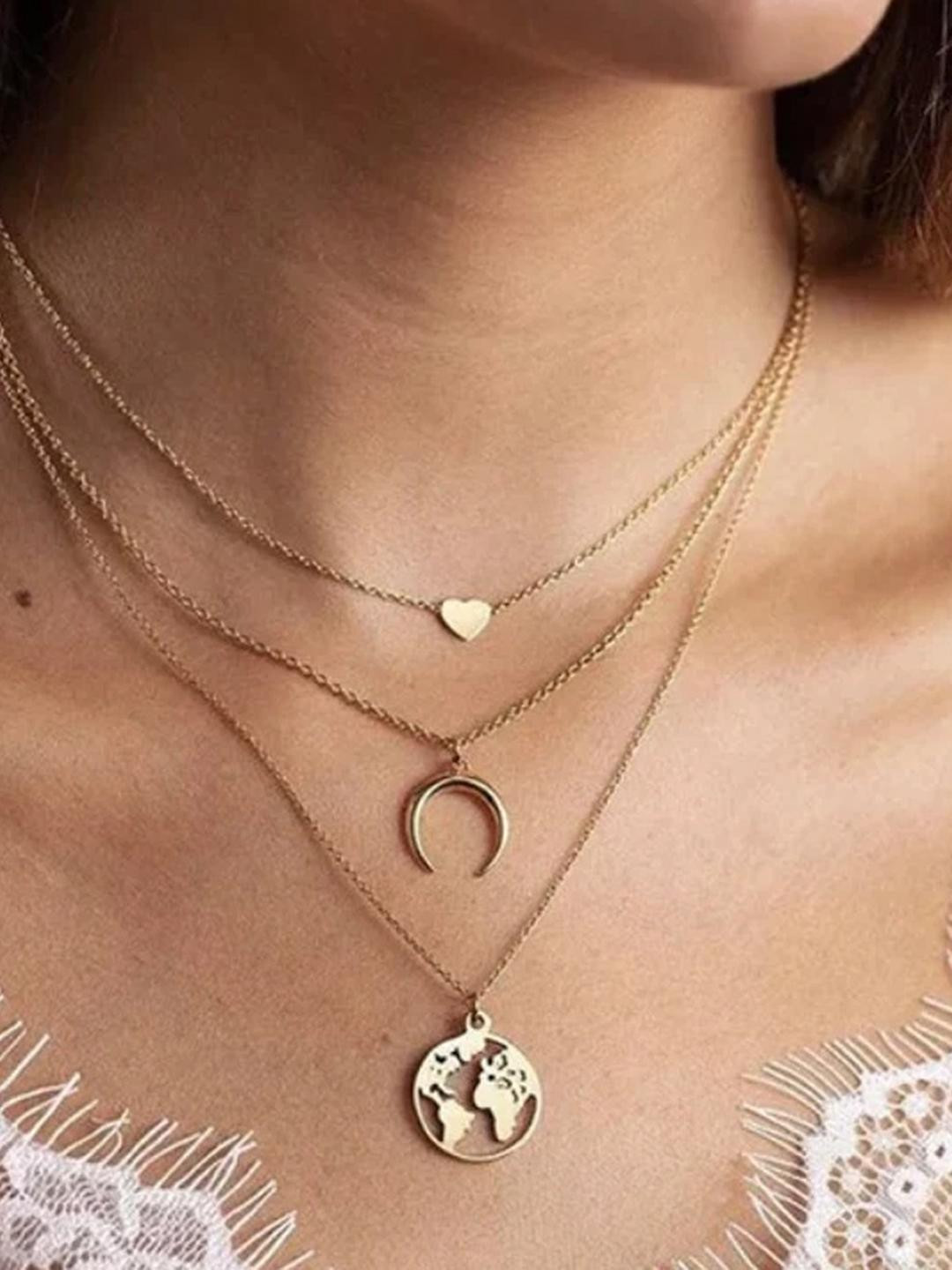 DressBerry Women Gold-Plated Three Layered Earth Moon Heart Pendant Chain