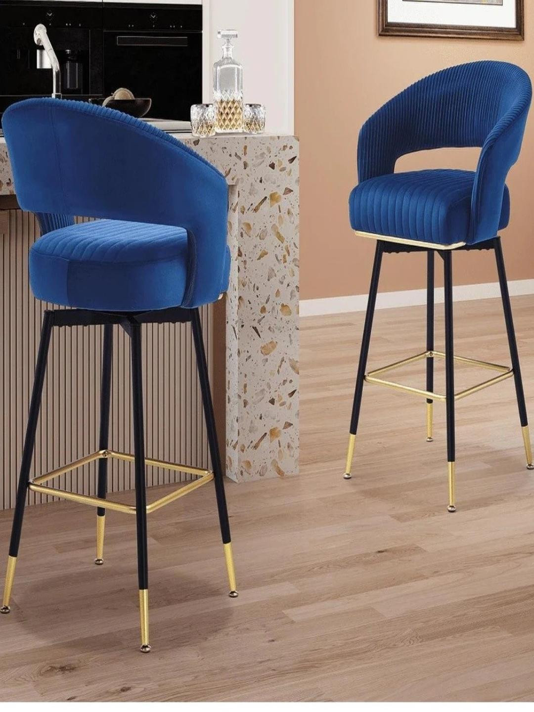 Doe Buck Set of 2 Royal Blue Velvet Bar Chairs with Backrest