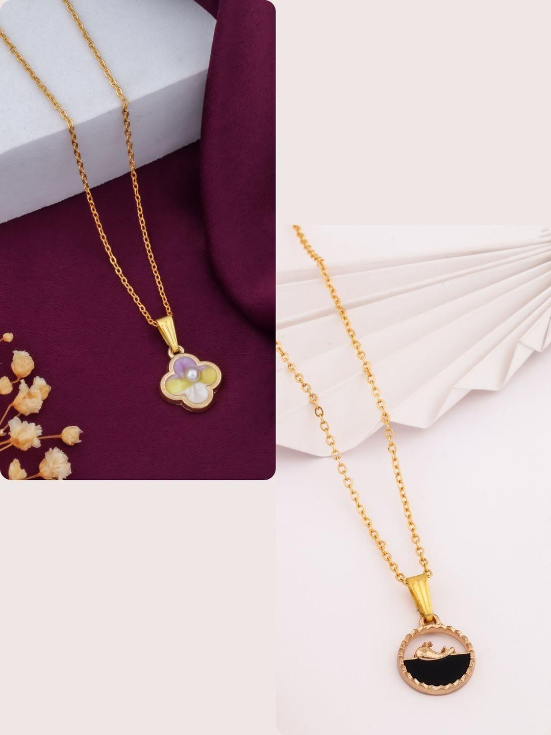 DressBerry Women Set of 2 Black and Multicoloured Brass Gold-Plated Necklace