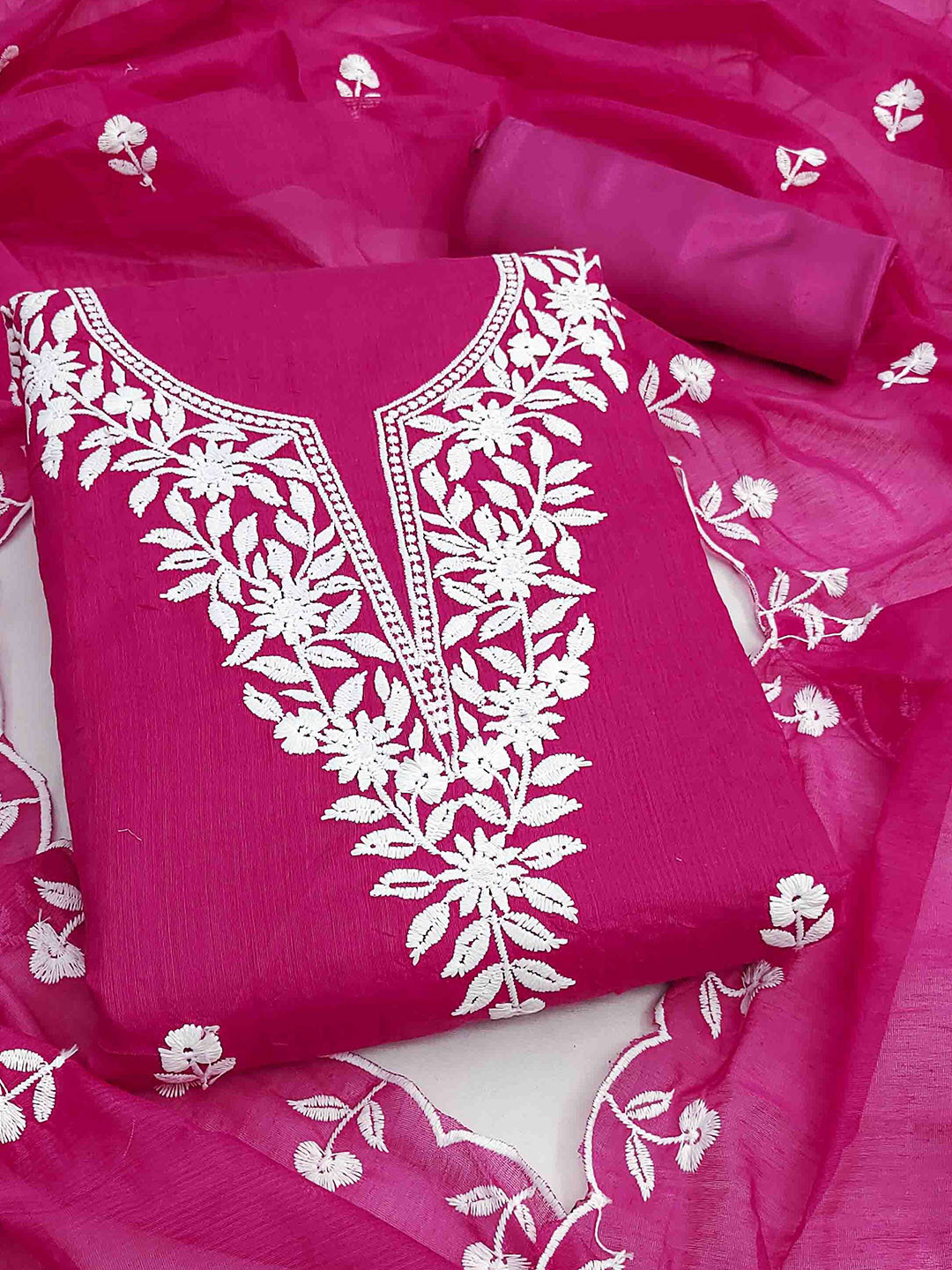 Blissta Floral Embroidered Thread workChanderi Cotton Unstitched Dress Material