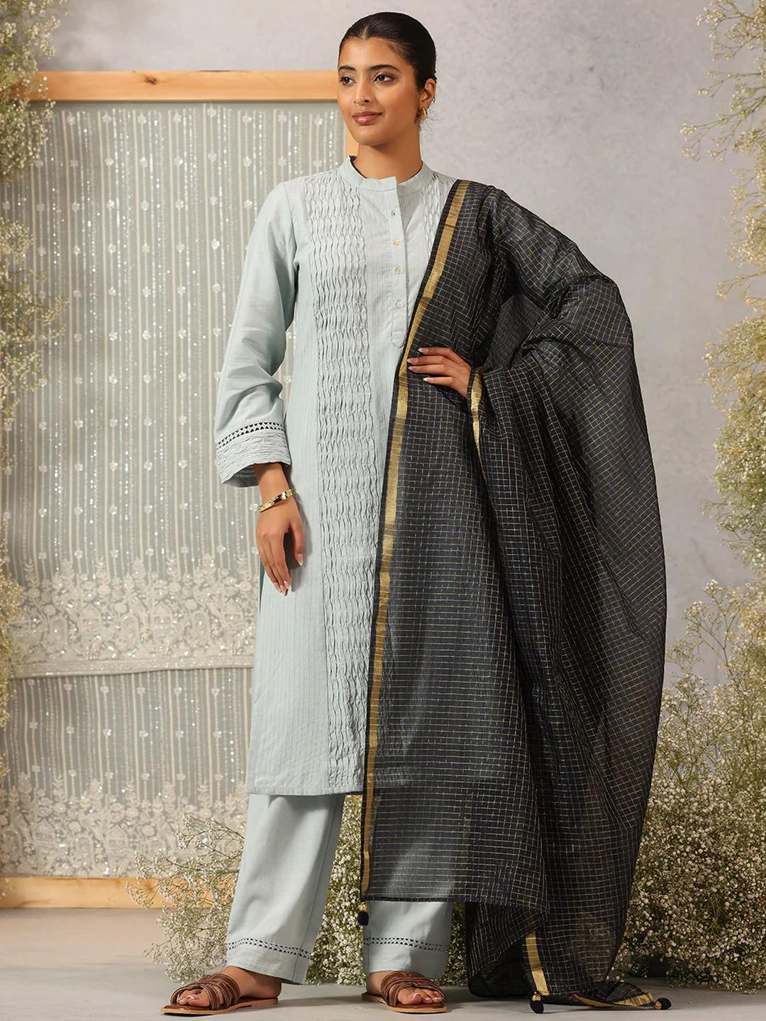 Lakshita Women Midnight Blue Checked Woven Design Chanderi Dupatta