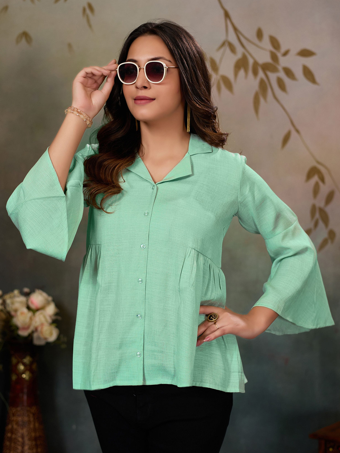 AMOUS Women Gathered Flared Sleeves Peplum Top