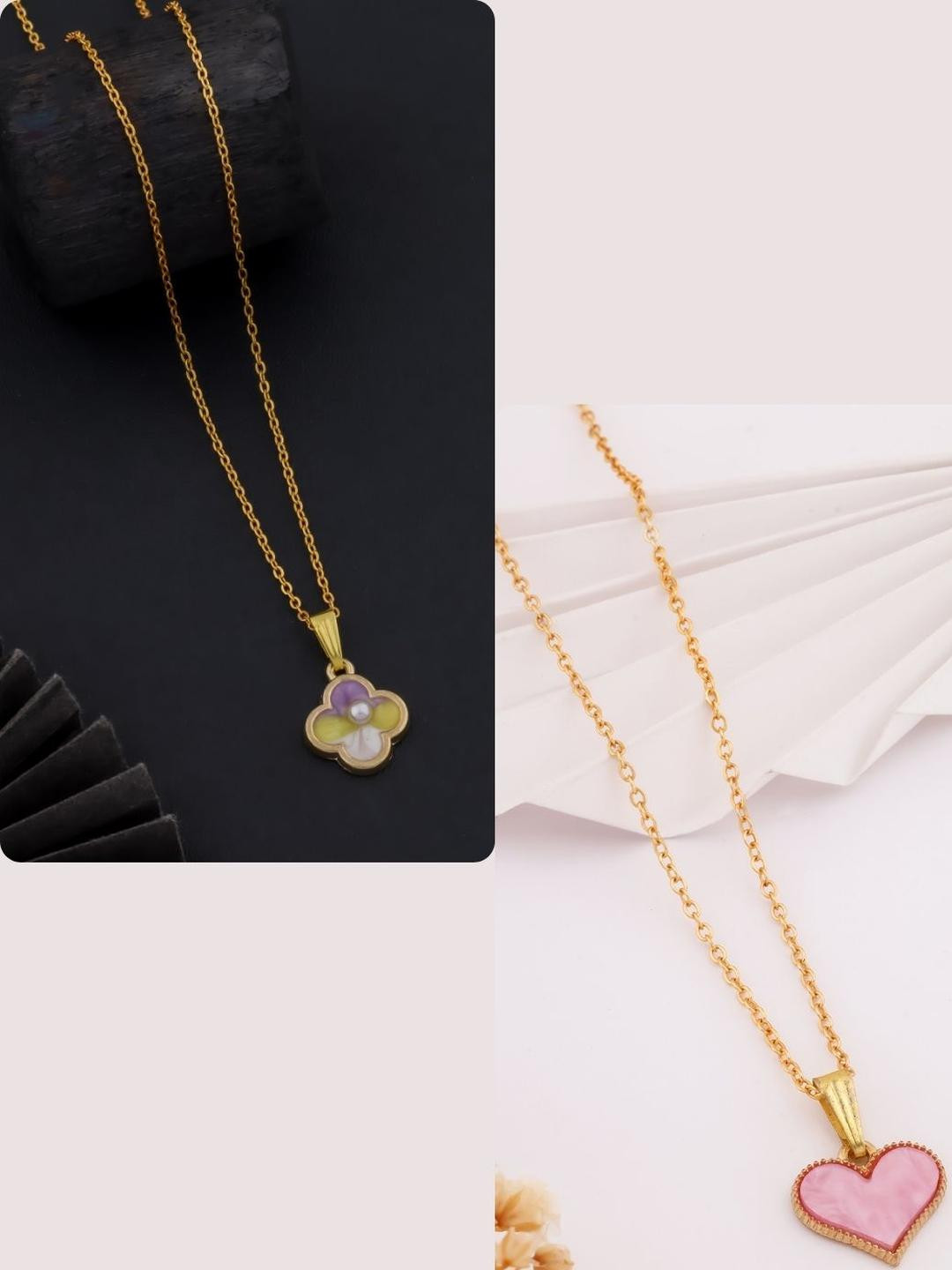 DressBerry Women Set Of 2 Pink Brass Gold-Plated Clove Leaf & Heart Charm Chains