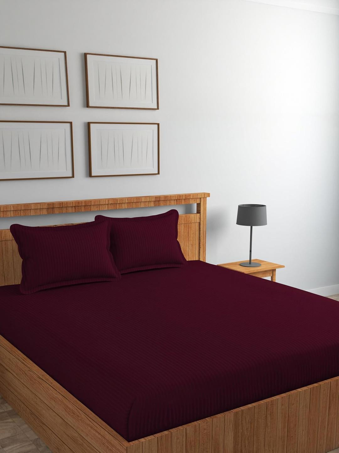 Fabture Maroon Striped 250 TC Queen Bedsheet with 2 Pillow Covers