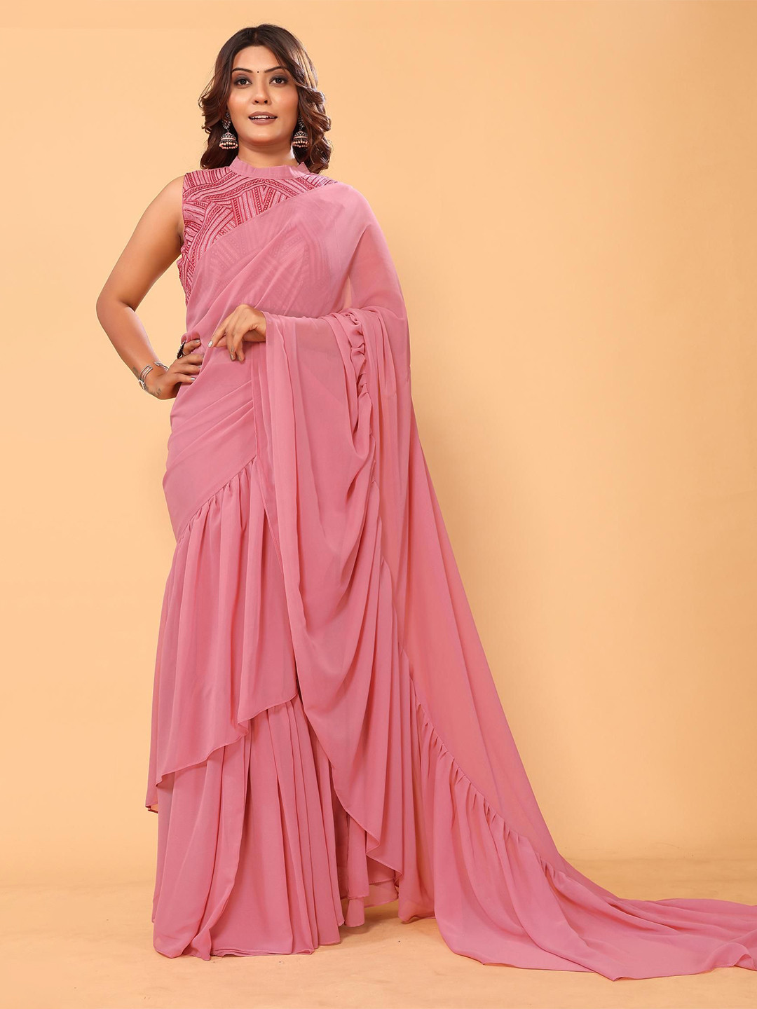 PATLANI STYLE Ruffle Style Ready To Wear Saree Embroidery Blouse Piece