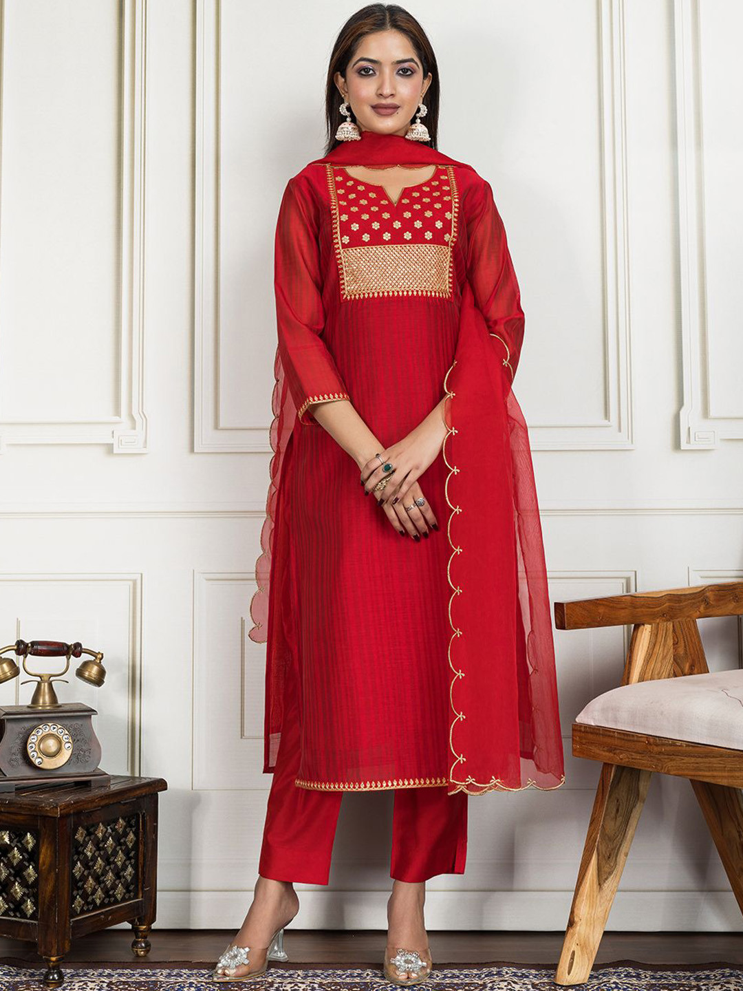 Inddus Women Ethnic Motifs Embroidered Kurta with Trouser & Dupatta