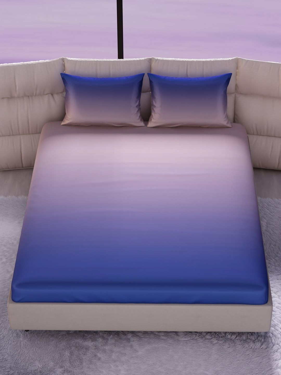 Stoa Paris Champagne & Blue 300 TC Fitted Double King Bedsheet Set 1.52 m x 1.98 m