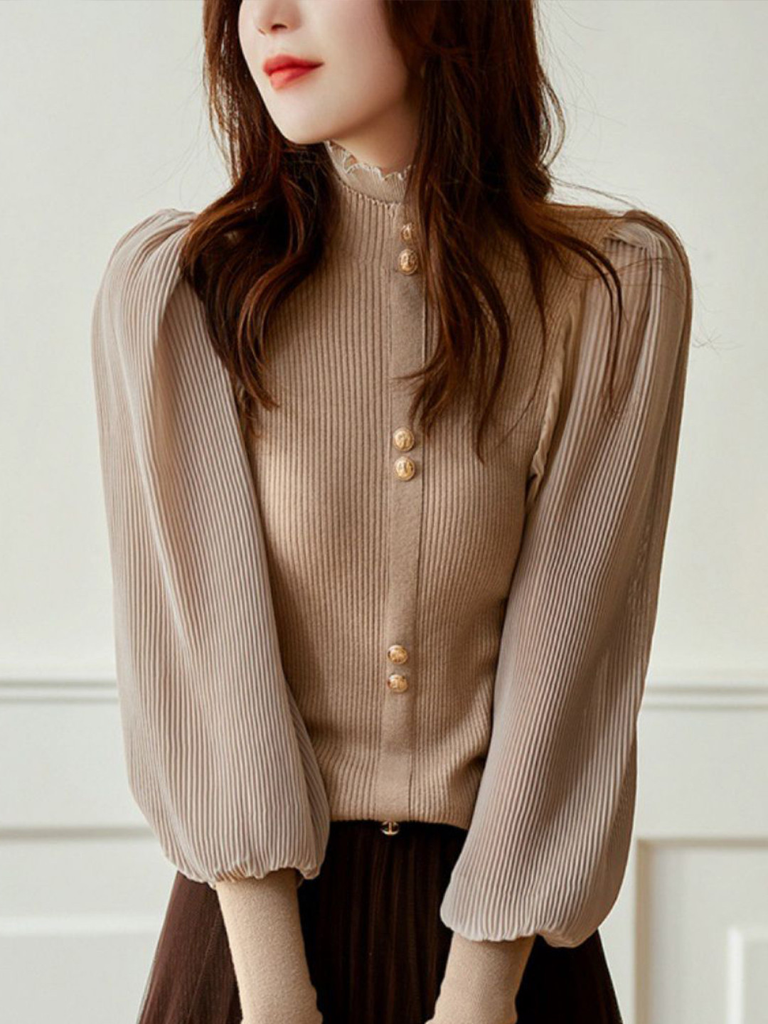 StyleCast Women Ribbed High Neck Puff Sleeve Regular Top