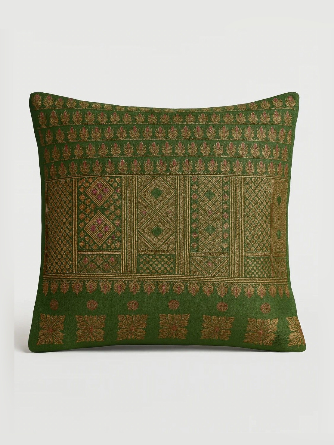 Apaapi Threads of glory Green & Gold-Toned Printed Silk Square Cushion Covers