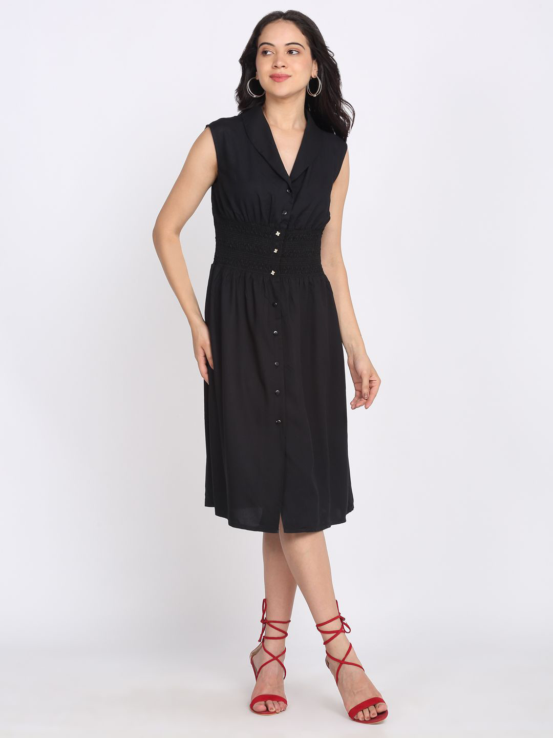 SHAYE Women Black Shawl Collar Solid Sleeveless Casual Dress