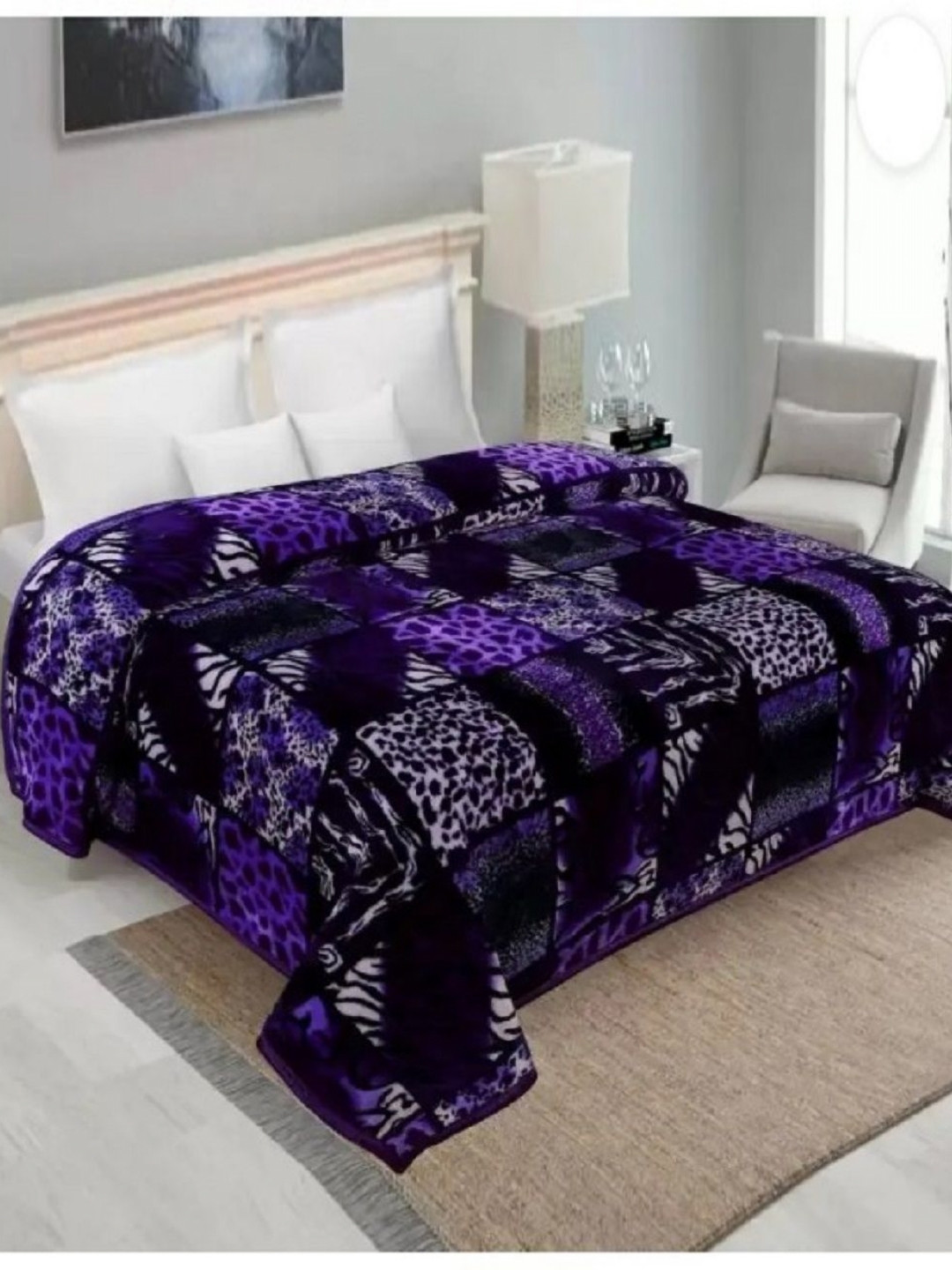 CHICERY Purple & Black Printed Mink Heavy Winter Double Bed Blanket