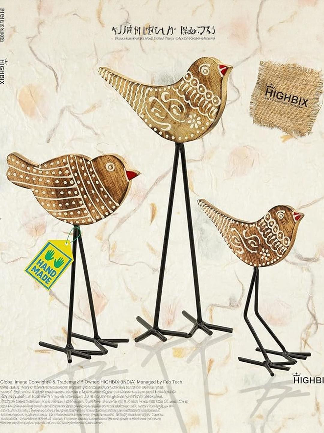 HIGHBIX Set of 3 Wooden Handcrafted Decorative Birds With Iron Legs