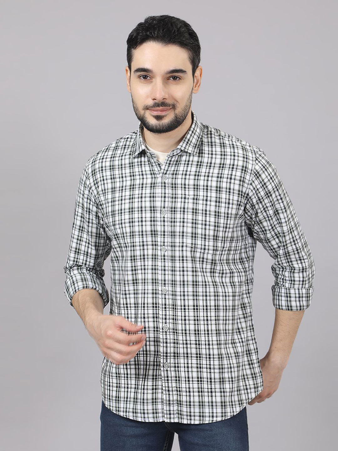KOMPANION Tartan Checks Checked Spread Collar Roll-Up Sleeves Cotton Shirt