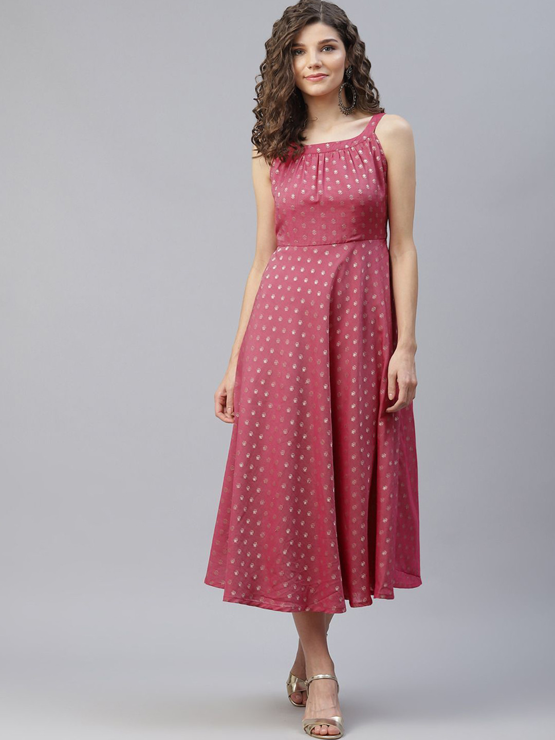 SZN Ethnic Motifs Printed Shoulder Straps Fit and Flaree Midi Dress