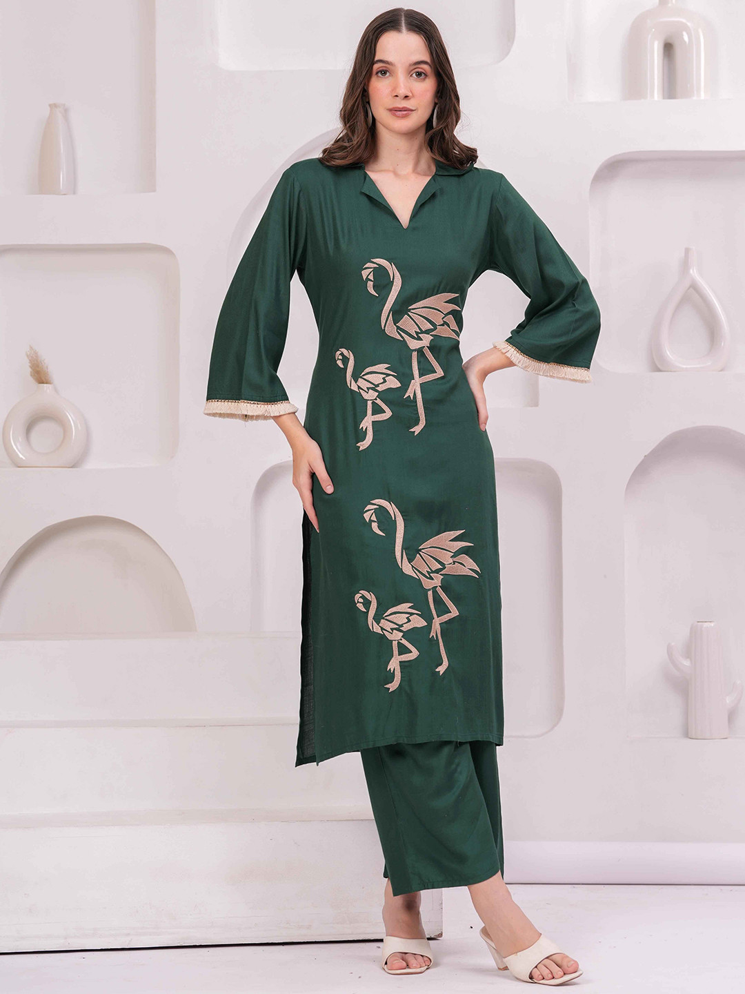 OH MI DIOS Abstract Embroidered Thread Work Shirt Collar Straight Kurta With Palazzos