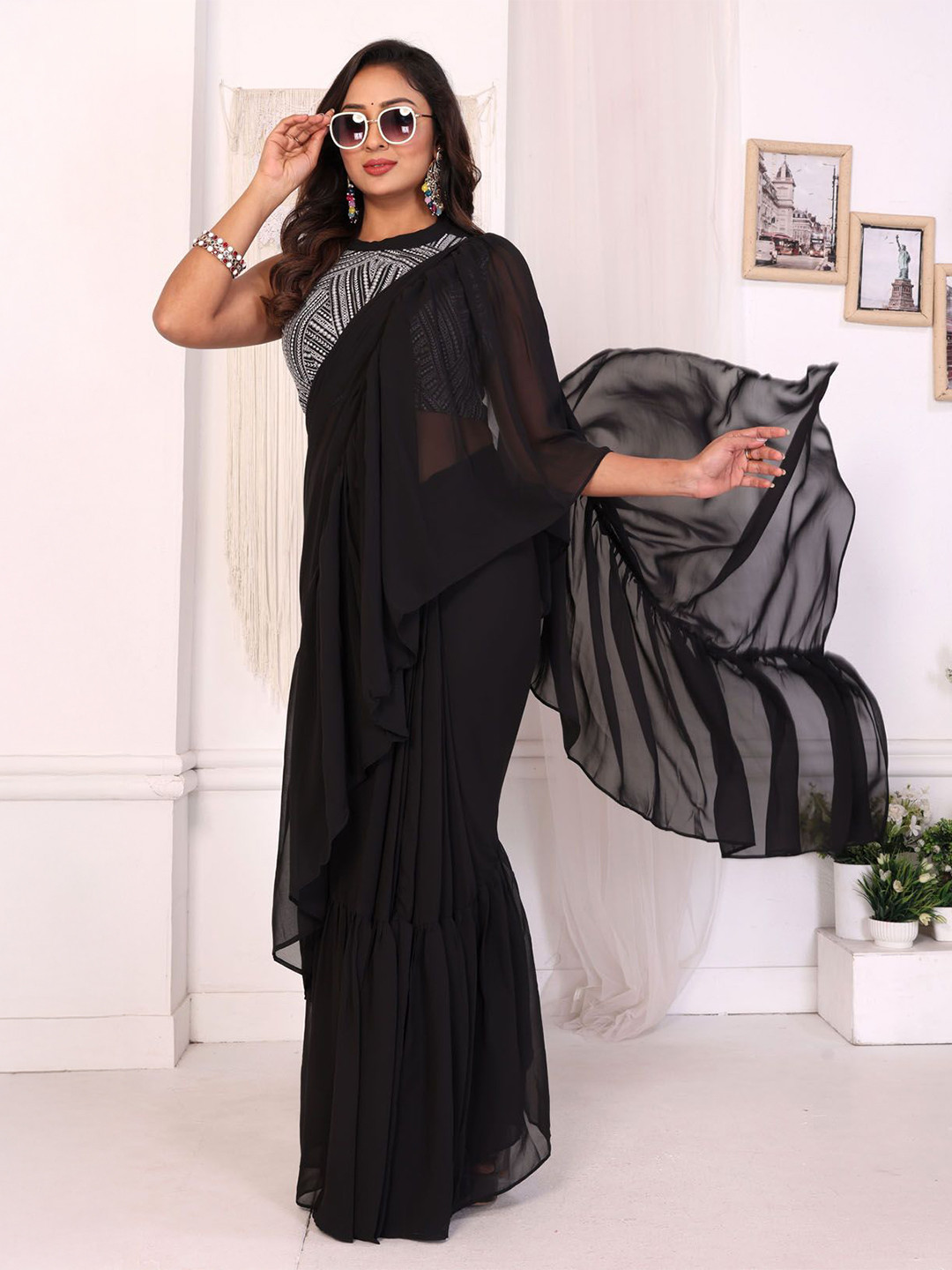 PATLANI STYLE Pure Georgette Ruffle Style Ready To Wear Saree With Embroidery Blouse Piece