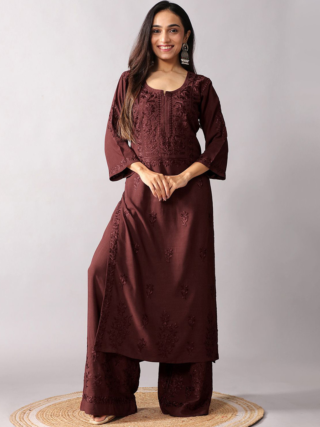colorkosh Floral Embroidered Notch Neck Thread Work Straight Kurta With Palazzos Set