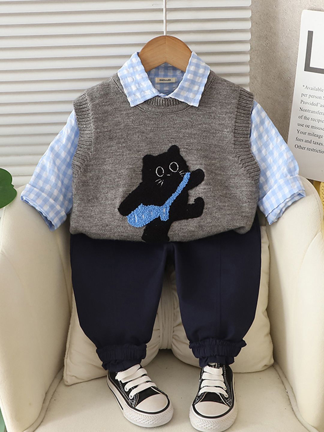 INCLUD Boys Cat Applique Sweater Vest With Shirt and Pant