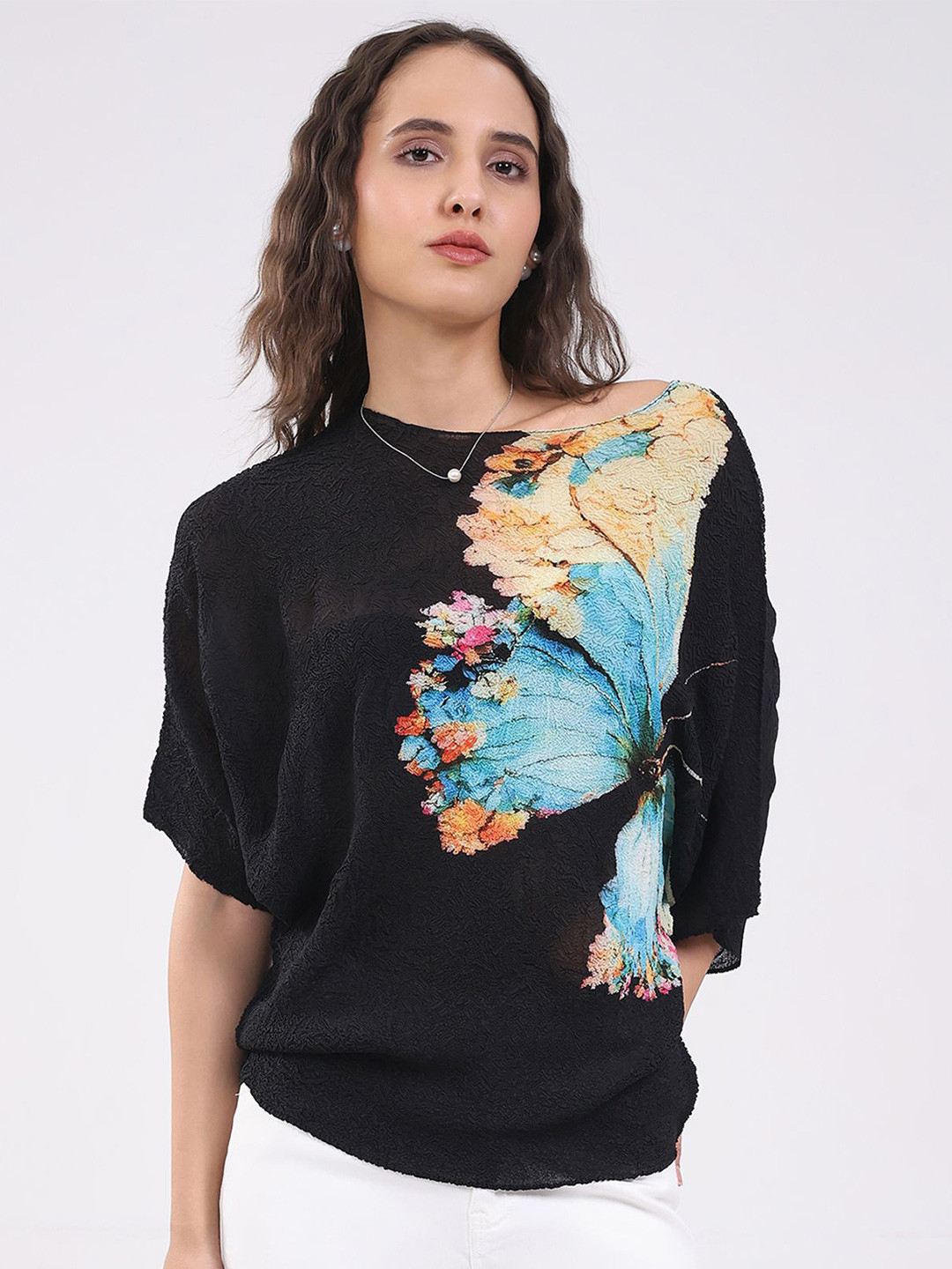Global Republic Butterfly Printed Boat Neck Blouson Top