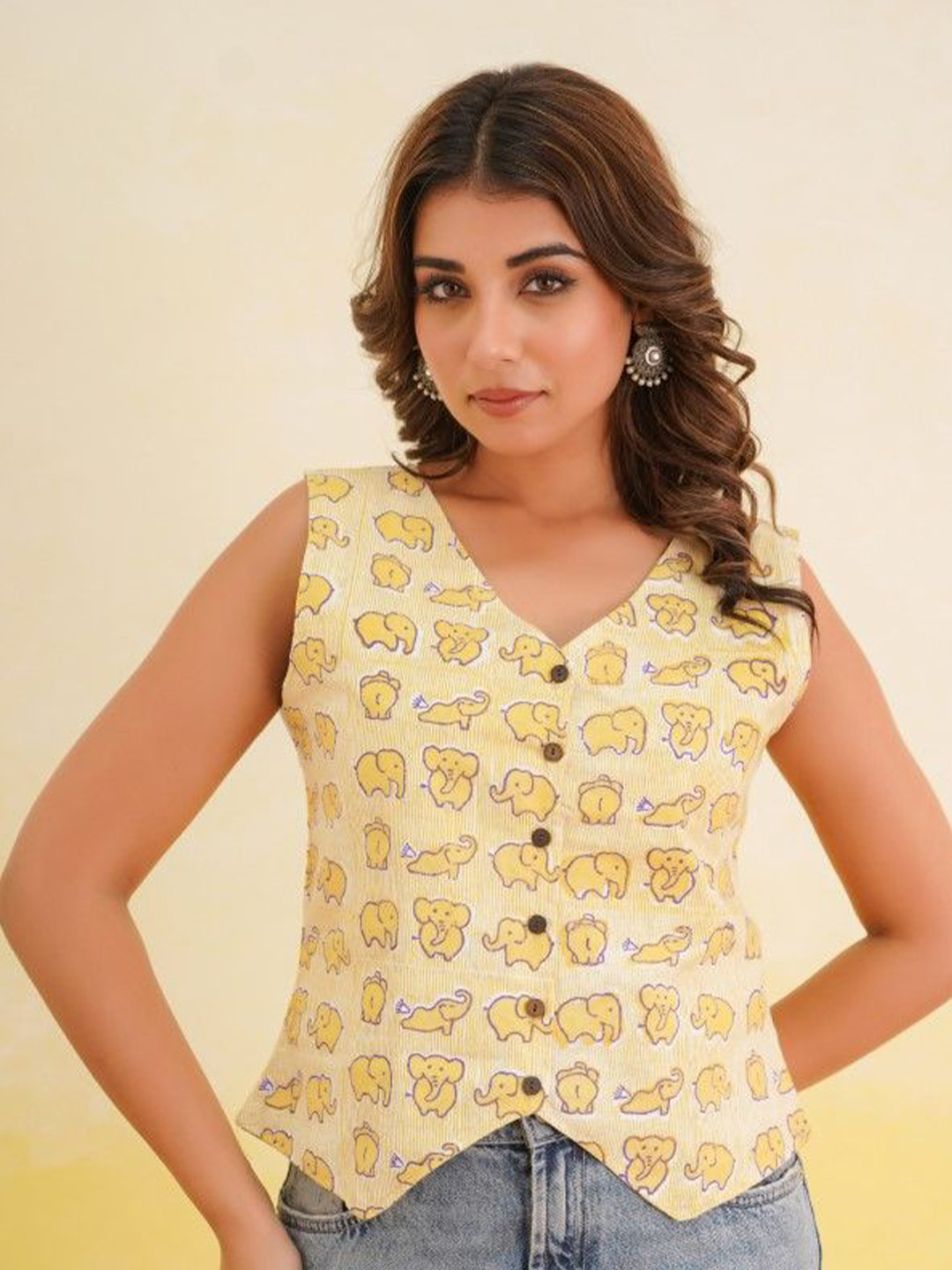 GOODHAND Women Cotton Block Printed Vest Top