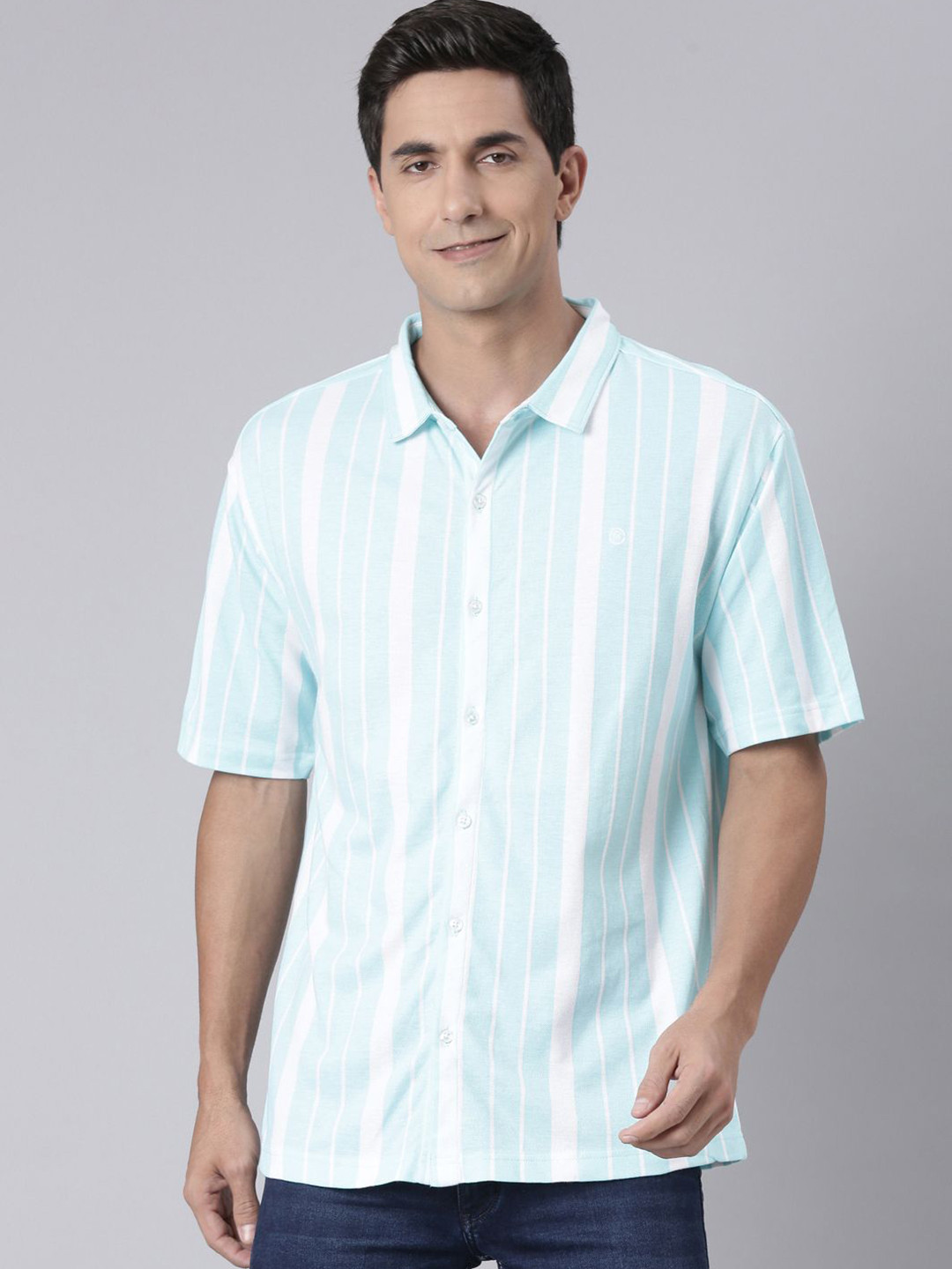 Classic Polo Men Vertical Striped Spread Collar Cotton Casual Shirt