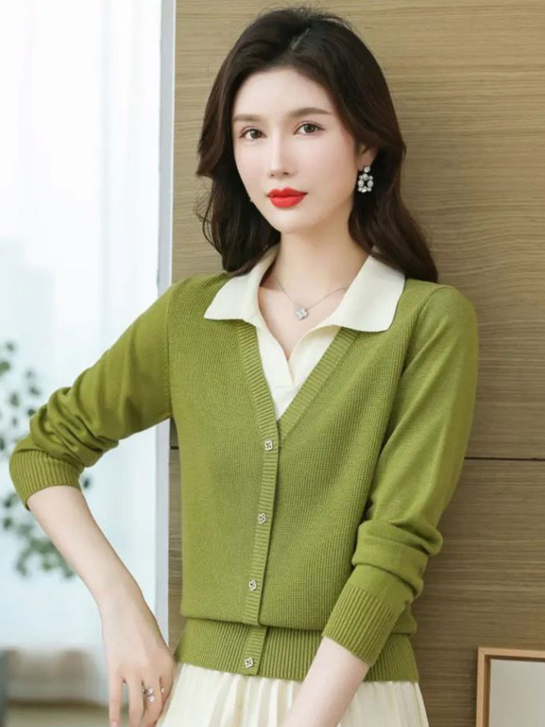 StyleCast Women Long Sleeves Shirt Collar Cashmere Cardigan