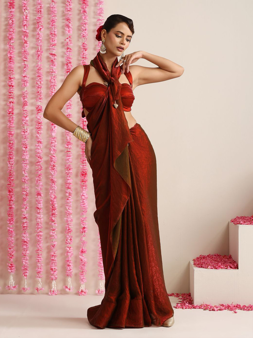 Swtantra Dual Shade Copper Red Metallic Satin Saree with Tassels & Matching Blouse Fabric