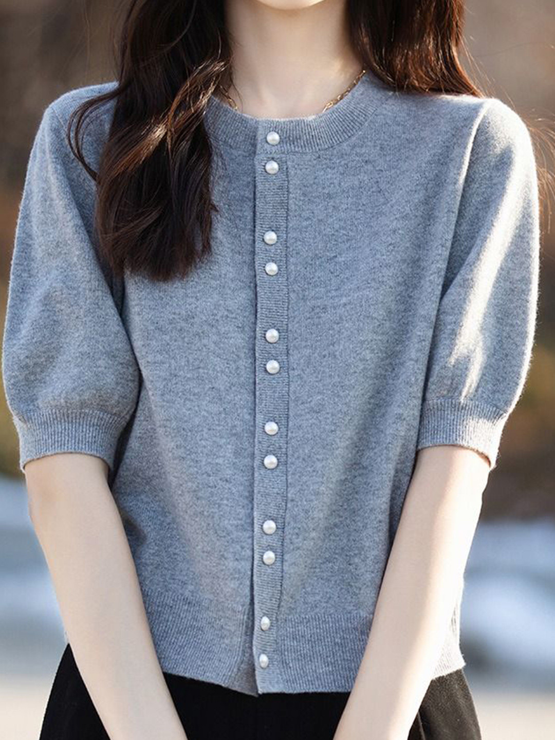 StyleCast Women Solid Round Neck Short Sleeves Cardigan Sweaters