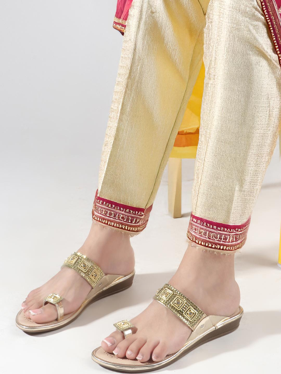 ALBELA Women Golden Embellished Toe Flats