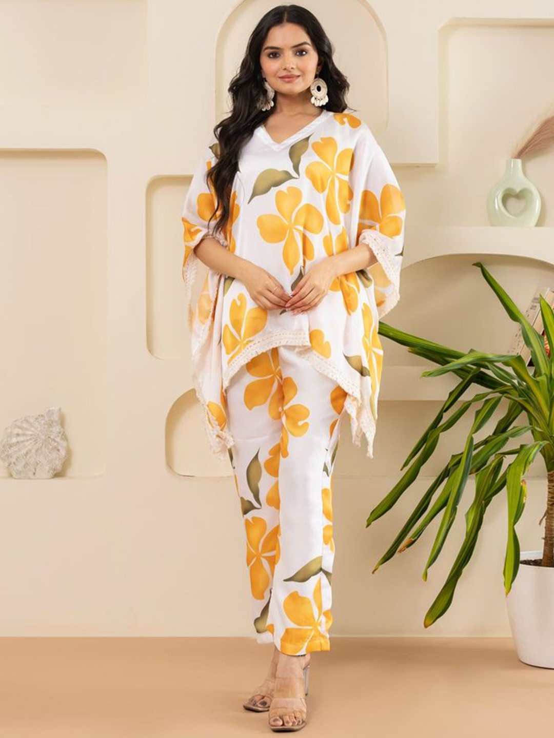 ZNKL Women V-Neck Orange Satin Floral Printed Kaftan & Trousers Co-Ord Set