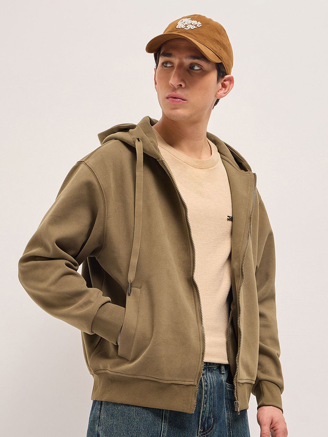 THE BEAR HOUSE Men Solid Cotton Blend Hoodie with Full Zip Closure