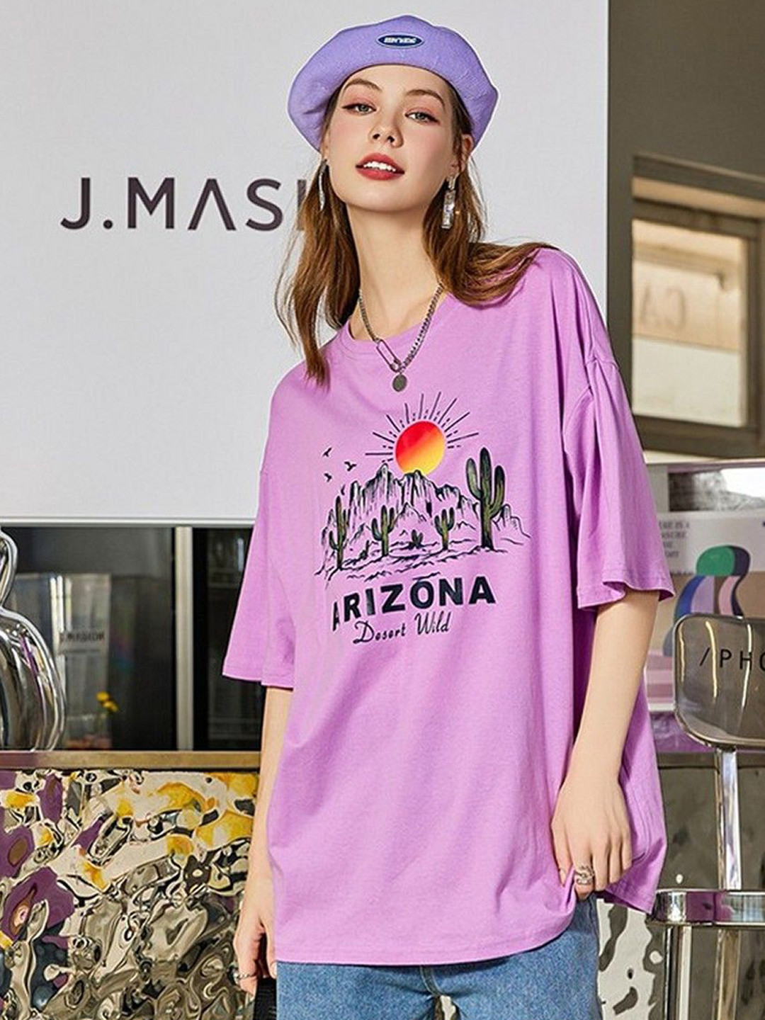Christy World Women Graphic Printed Round Neck Oversized T-shirt
