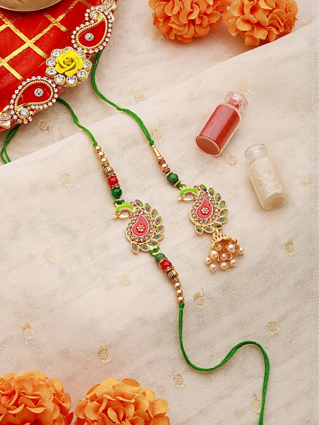 Anouk Set Of 2 Peacock Shaped Meena Work Bhaiya Bhabhi Rakhi with Roli & Chawal
