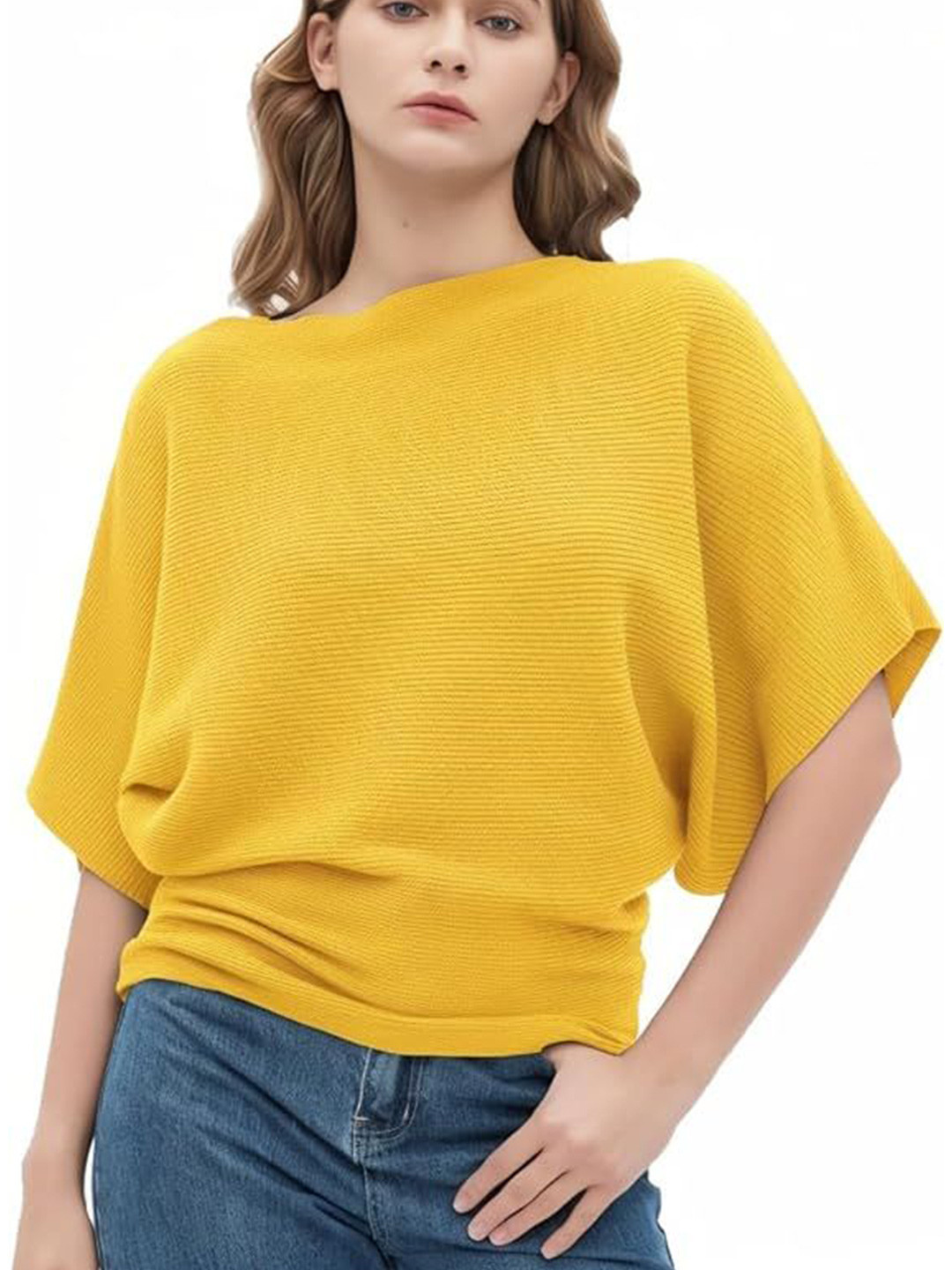 Yellow Ribbed Boat Neck Batwing Sleeve Top