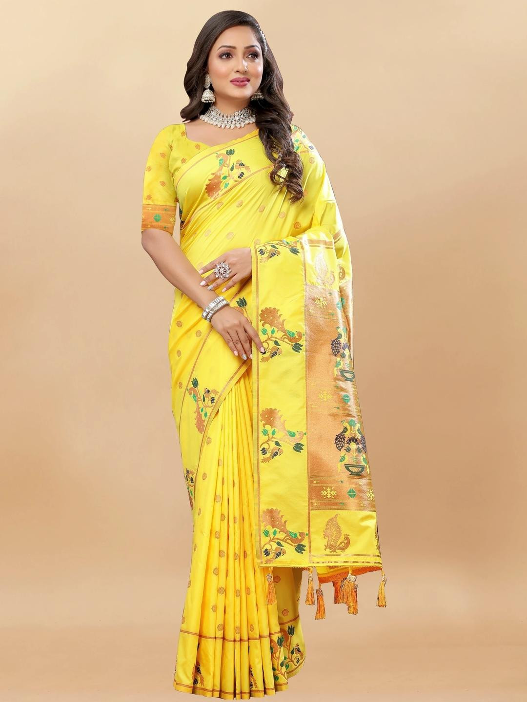 Kriyansh Yellow Cotton Blend Paithani Saree