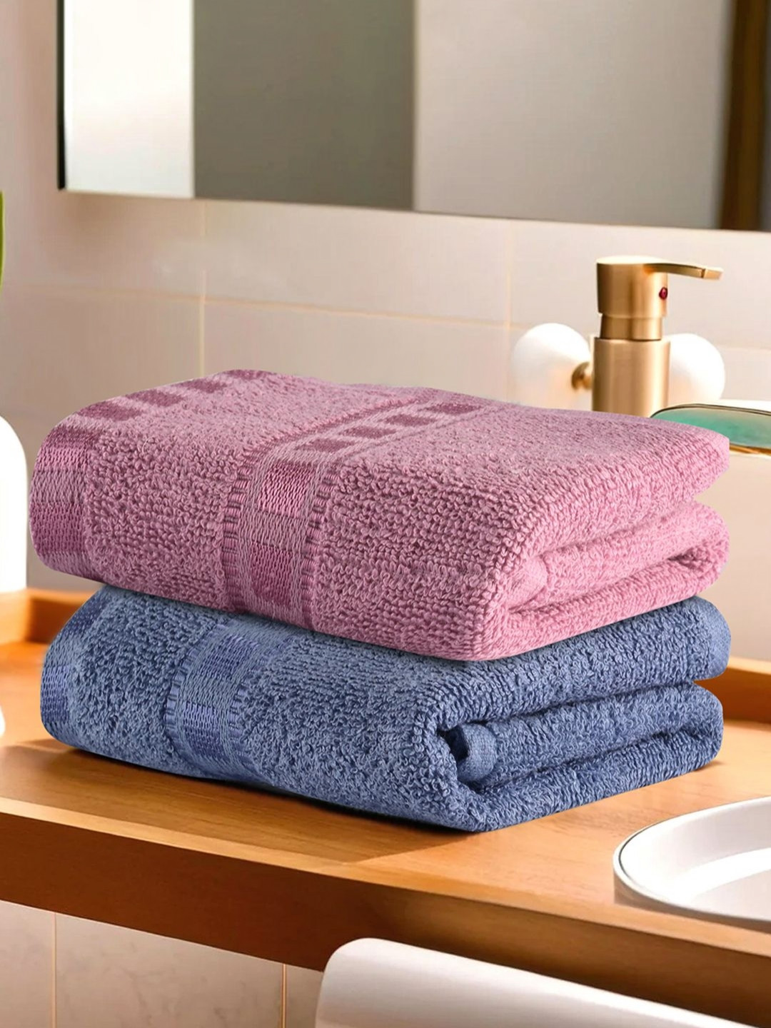 Aura 2 Pieces Blue & Pink Cotton 150 GSM Anti-Bacterial Face Towels