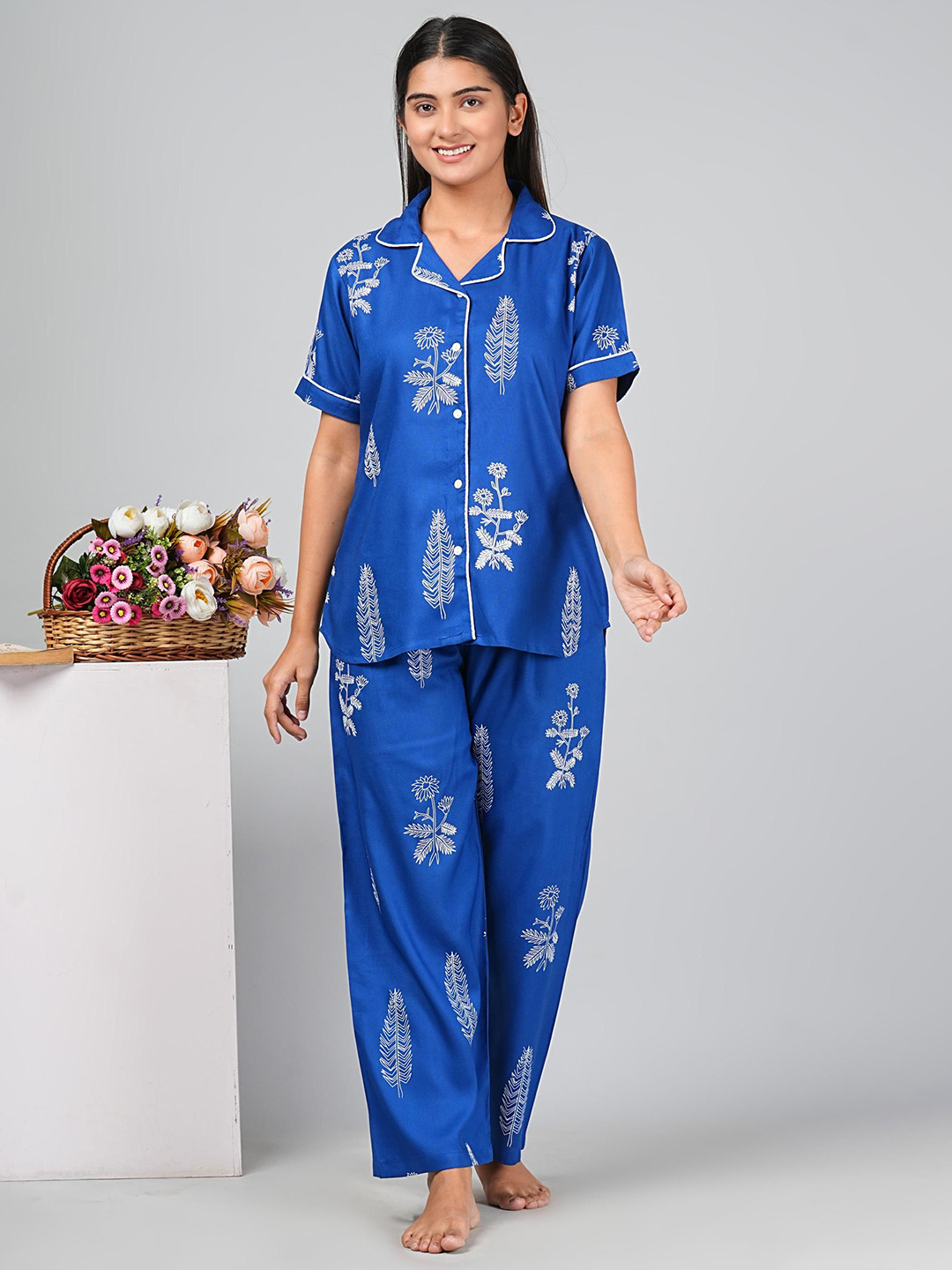 NUNCHII Women Printed Lapel collar Shirt & Bottom Night suit