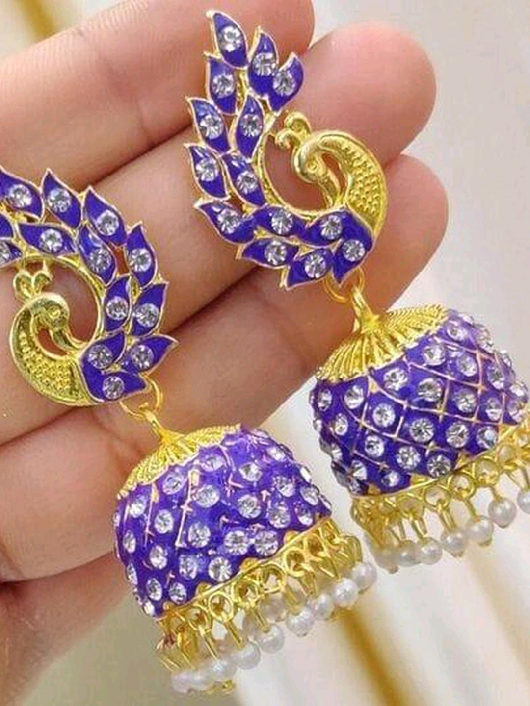 Grace Collections Women Purple Artificial Stones and Beads Peacock Jhumka Ethnic Earrings