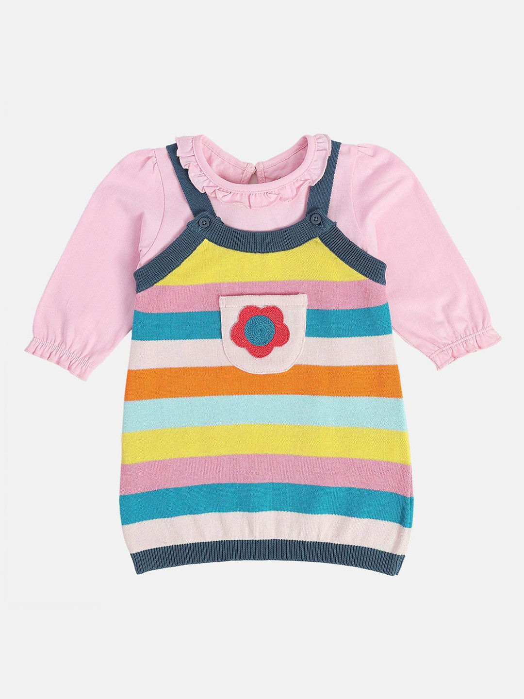 MINI KLUB Girls Round Neck Pure Cotton Striped Pinny And Top