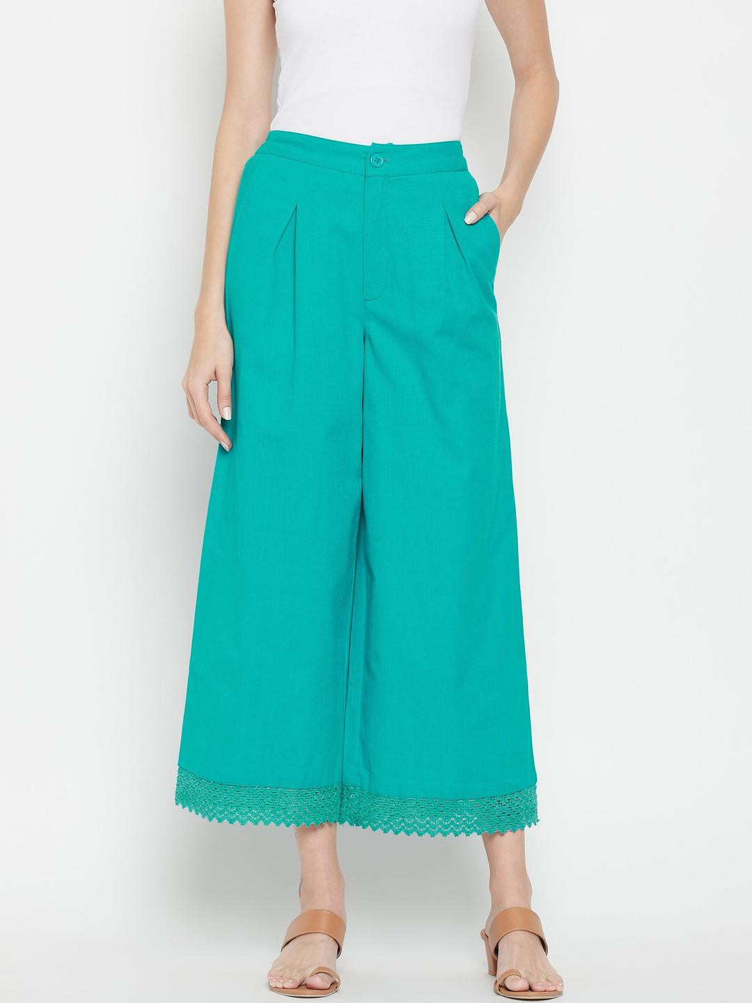 MJ LIFE STYLE Women's Sea Green Wide-Leg Culottes with Lace Hem