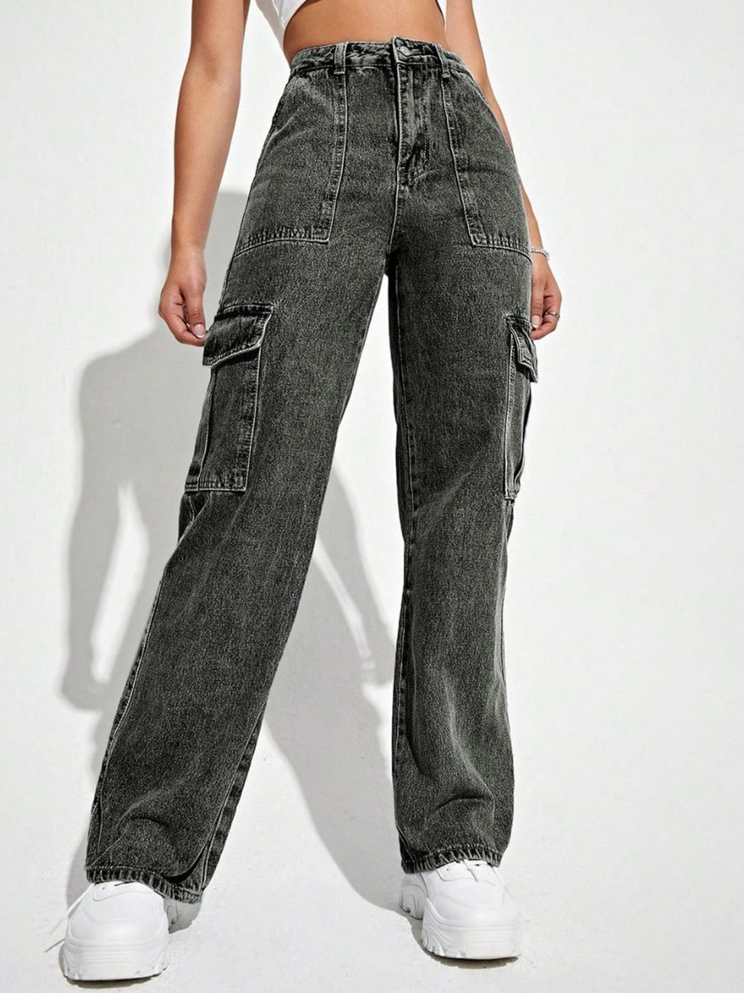 NU CLOTHS Women Jean Relaxed Fit High-Rise Heavy Fade Cargo Styles Stretchable Jeans