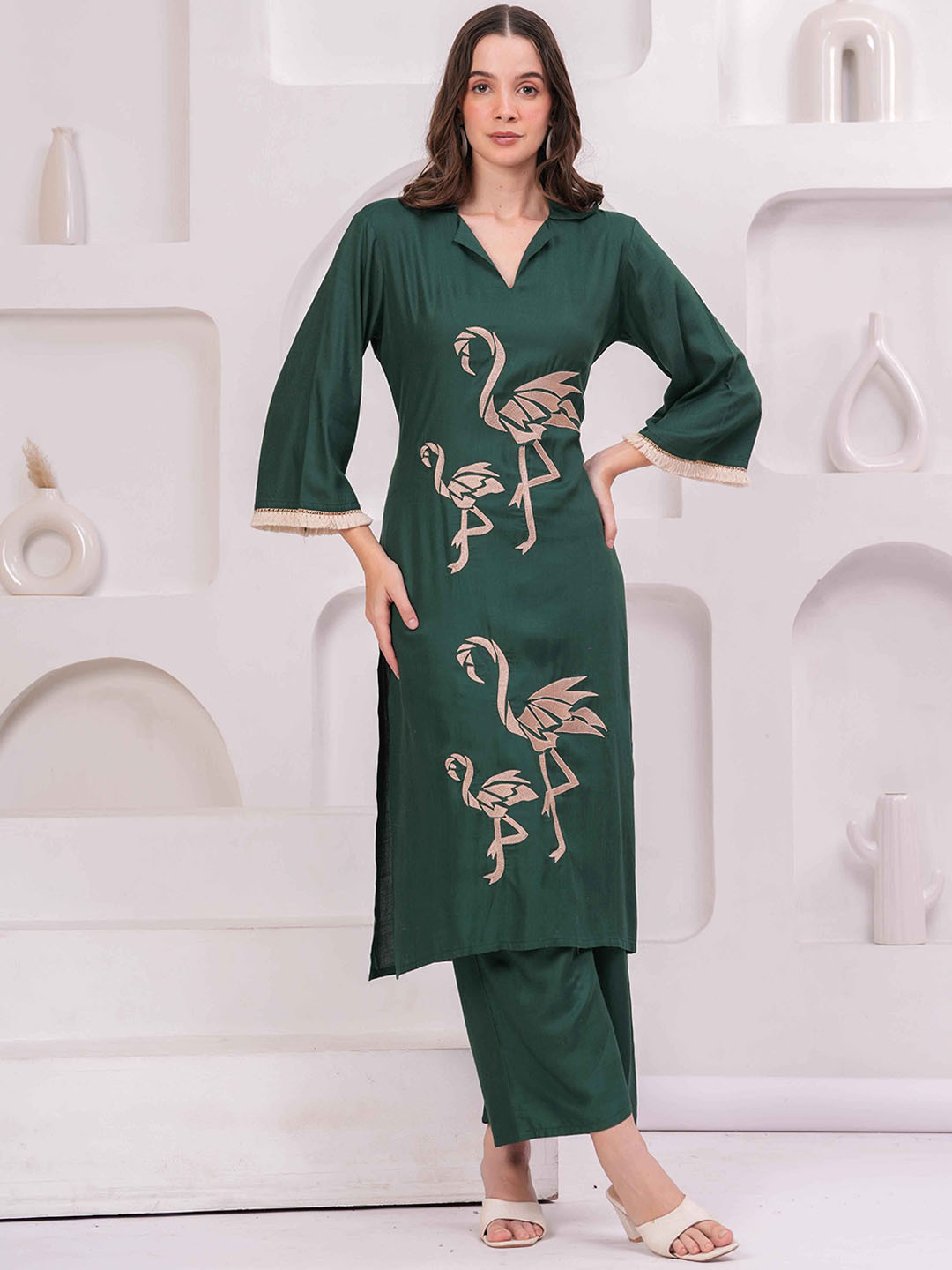 HIGHLIGHT FASHION EXPORT Women Embroidered Shirt Collar Kurta with Palazzos