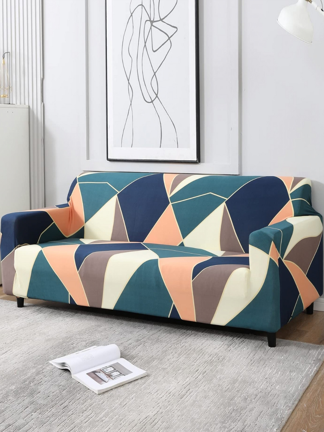 Myntra Elegant Homes Green & Blue Geometric Printed Straight 3 Seater Sofa Cover