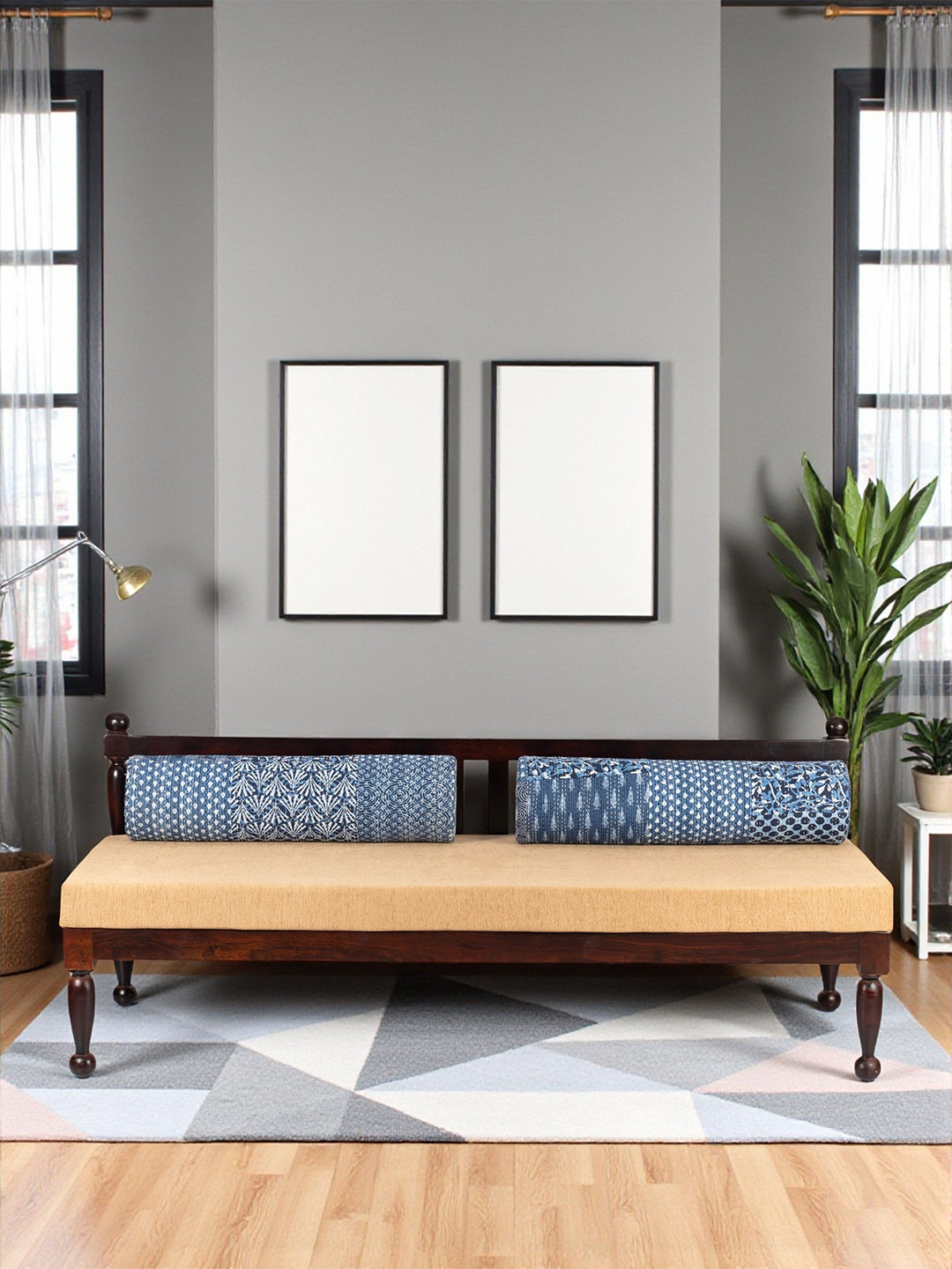 Ikiriya Beige & Blue 3 Pieces Sheesham Wood Bench With Printed Cushions