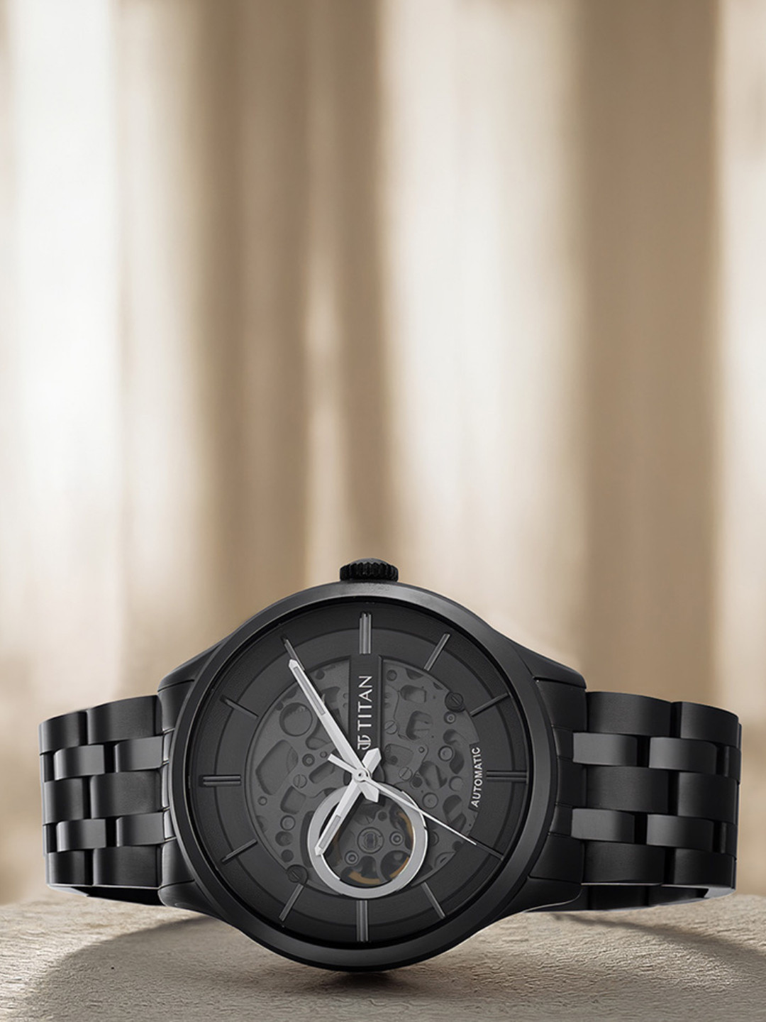 Titan Men Black Dial & Black Stainless Steel Bracelet Style Straps Analogue Watch