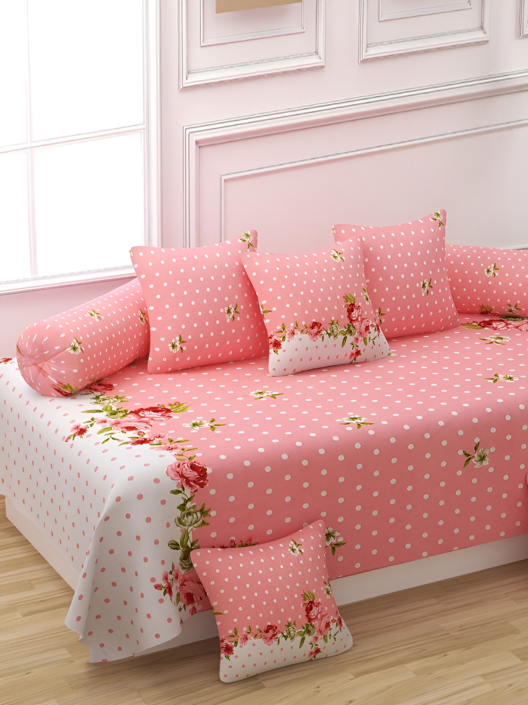 Myntra Elegant Homes Pink & White 8 Pieces Floral Printed Cotton Diwan Set