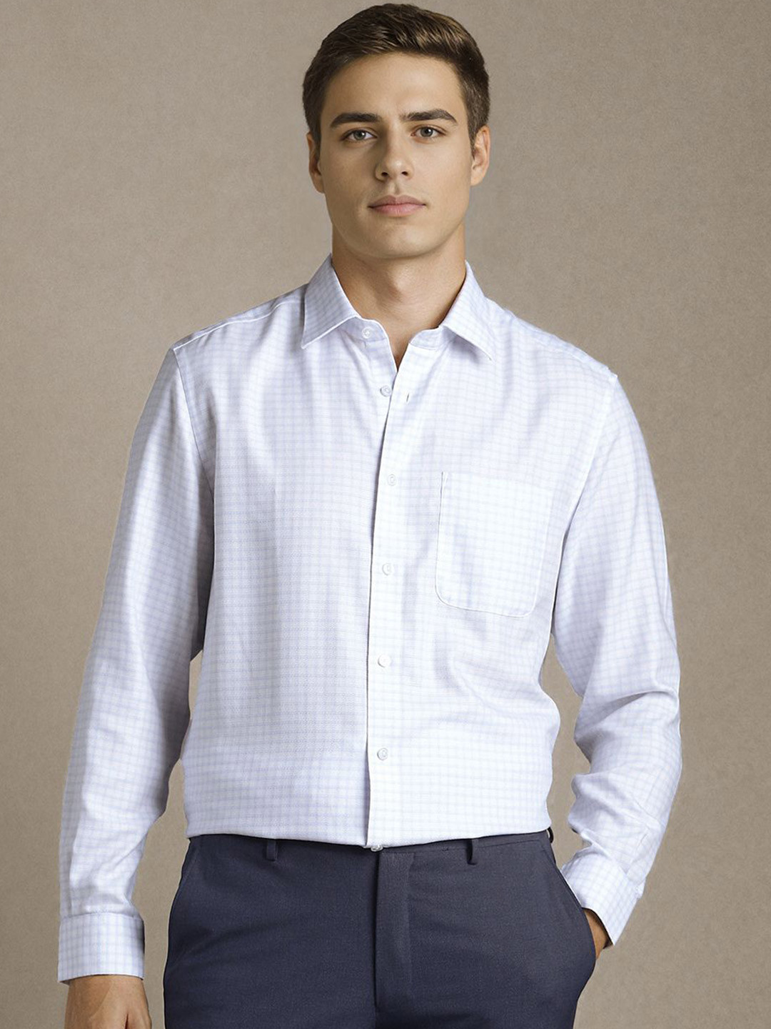 Louis Philippe Checked Spread Collar Pure CottonFormal Shirt