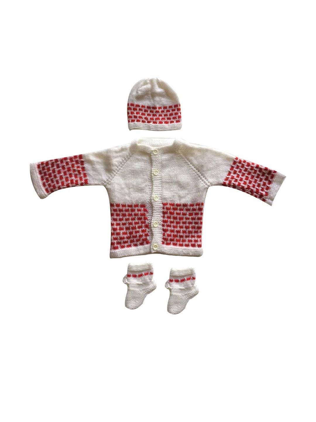 Cute Collection Unisex Kids Red & White Striped Woolen Sweater With Cap & Pair of Socks